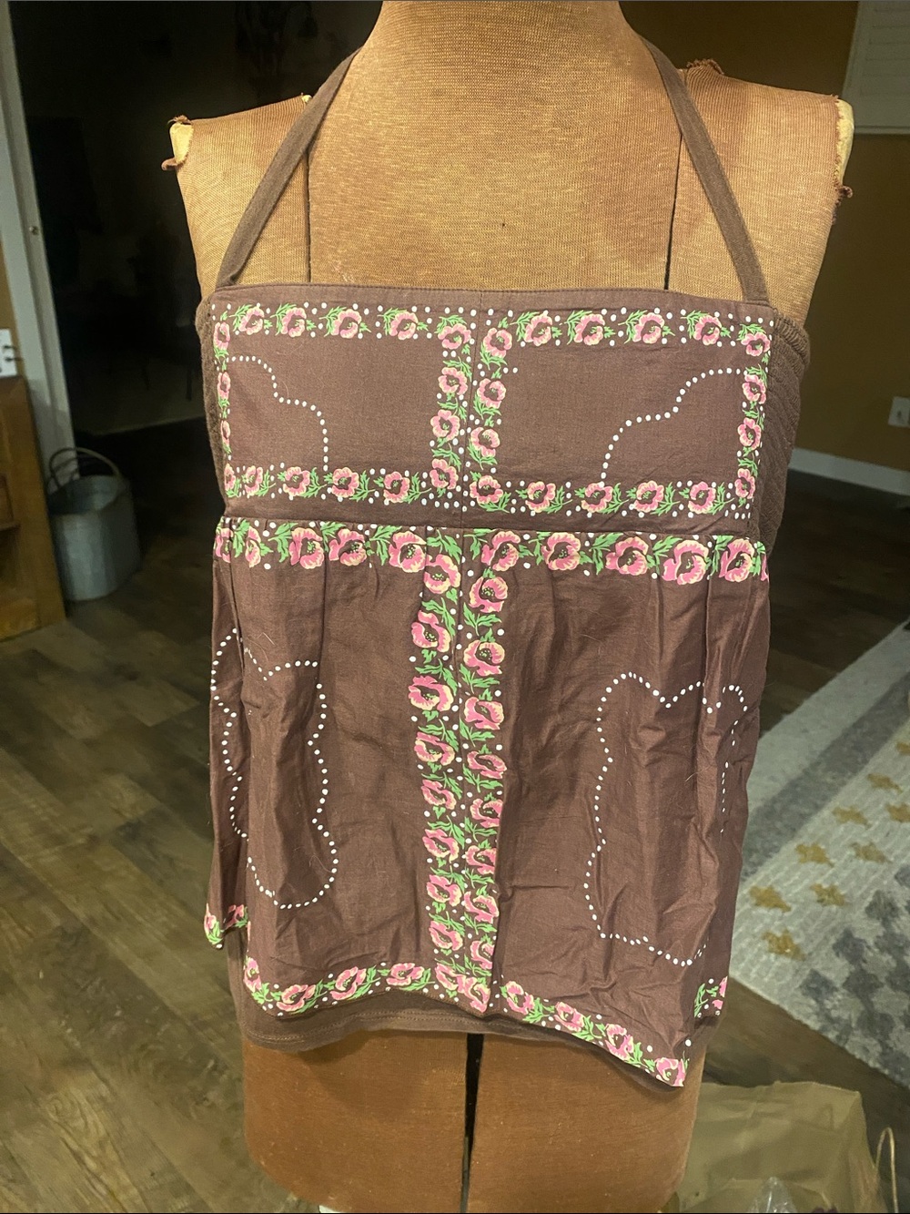 Brown Floral-Trim Halter top. Super cute anthro. Great with cardigan over
